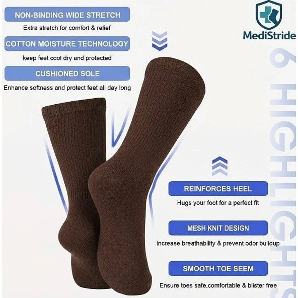 Medistride Non-Binding Diabetic Circulatory Brown Socks 10-13 Neuropathy 3 Pairs